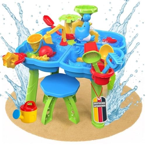 Sand- und Wasserspieltisch NARIUS M, 4 separate Wasserbecken, 1 Hocker, Wassertisch Kinder Outdoor für Wasserspiele draußen, Balkon und Garten, Matschtisch mit Sandkastenspielzeug, Eimer, Schaufel