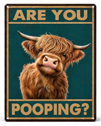 Highland Cow Metal Sign 8 x 12 Inch, Are You Pooping Funny Bathroom Art | Aluminium Highland Cow Bathroom Sign, 20 x 30 cm, 4 Pre-Drilled Holes, Funny Toilet Decor for Housewarming & Birthday Gifts