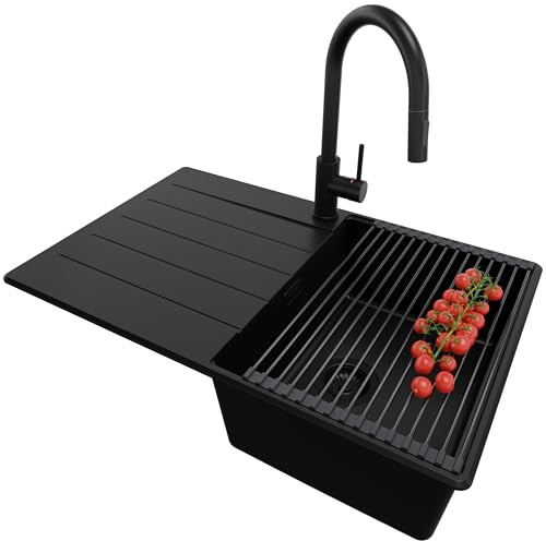 PRIMAGRAN Lavandino da Cucina al Mobile 45cm + Rubinetto, 78x50cm | Set: Rubinetto BW9010 + Kit di scarico + Scolapasta avvolgibile + Lavello in Granito a 1 Vasca - Copenhagen Top, Tutto Nero