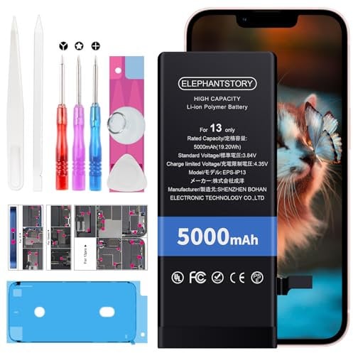 Elephantstory Battery for iPhone 13, 5000mAh High Capacity Battery 0 Cycle Lithium Polymer Replacement Battery with Repair Kit and Manual