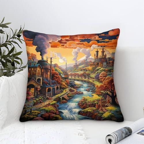 Kissenbezüge Landliche Szene Modern Muster,Fantasy Industrial Pastorale Illustration Quadratisch Zierkissenbezüge Weicher Polyester Dekokissen Kissenhülle Für Garten Outdoor Wohnzimmer Sofa 40x40cm