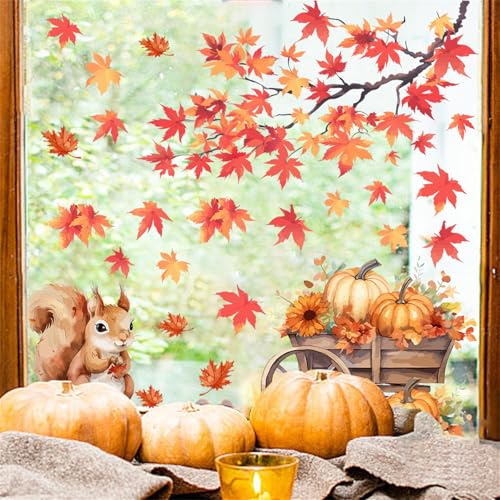 Herfair Fensterbilder Herbst Deko Fensteraufkleber Ahornblätter Kürbis Fenstersticker Selbstklebend PVC Aufkleber für Thanksgiving Fensterdeko