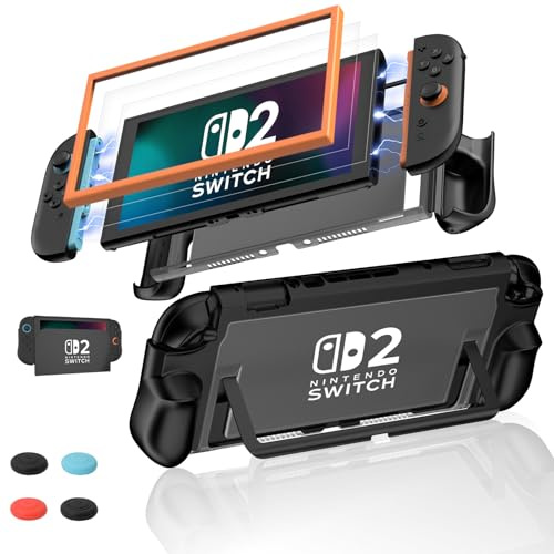 Reddening Switch 2 Case with Ergonomic Shockproof TPU Switch 2 Grip, Dockable for TV Mode, Includes 4 Silicone Thumb Grips, 2 Tempered Glass Protectors, Holder Frame
