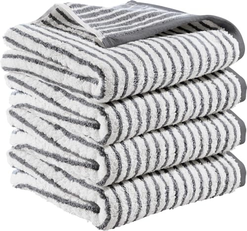 Erwin Müller Jacquard Walk-Frottier Handtuch Konstanz 4er-Pack Streifen anthrazit Größe 50x100 cm - besonders geschmeidig, strapazierfähig, enorm saugstark, praktische Schlaufen zum Aufhängen