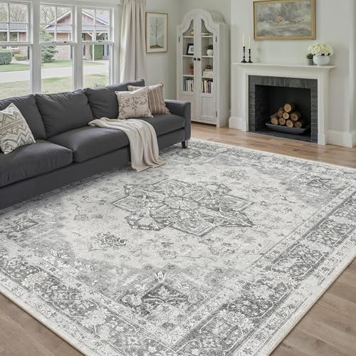 PureCozy Grau Vintage Teppich Wohnzimmer 200x300cm Waschbar | Waschbarer Teppich, Weich Rutschfest, Kurzflor im Retro, für wohnzimmerteppich Schlafzimmer Esszimmer, Groß Teppich
