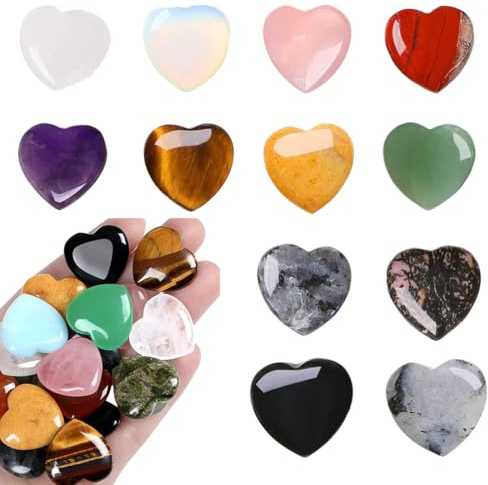 12 Pièces Billes Forme, Cristal en Forme Coeur, Naturel Multicolores en forme de Cœur, Pierres précieuses de guérison, Pierre de Cœur pour thérapie cristal, Méditation et Décoration de Pendentifs