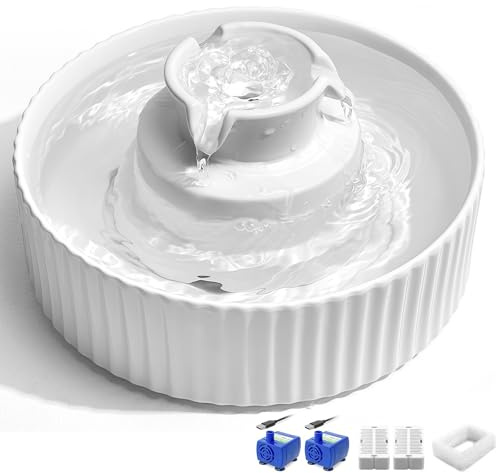 Fontanella per Gatti in Ceramica, 2.1L Fontanella per Gatti e Cani, in Porcellana con Filtro di Ricambio e Pompa Intelligente in Schiuma (Bianco)-2 pompe+2 filtre
