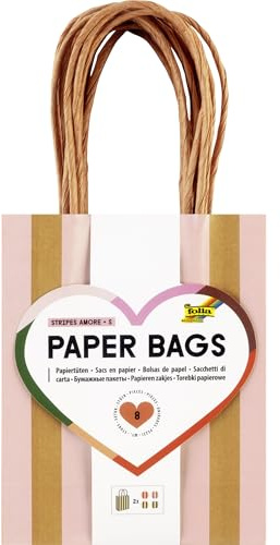 Folia 21224/8 - Paper Bags Stripes Amore S, 8 Papiertüten aus 110 g/m² FSC-Mix Papier in 4 Farben, ca. 12 x 15 x 5,5 cm, zum Basteln, Verzieren und Verschenken, 8 Stück