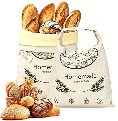 Lot de 2 Sacs à Pain en Cire d'Abeille - Pochette Réutilisable en Lin pour Pain au Levain, Grande Taille Durable, Lavable et Respirante pour Baguettes et Viennoiseries