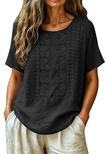 Generico Top da Donna in Cotone Lino con Ricamo Colori Vari Blusa a Maniche Corte con Scollatura Rotonda Comoda e Traspirante per Uso Quotidiano Lavoro Vacanze Tagile S-3XL