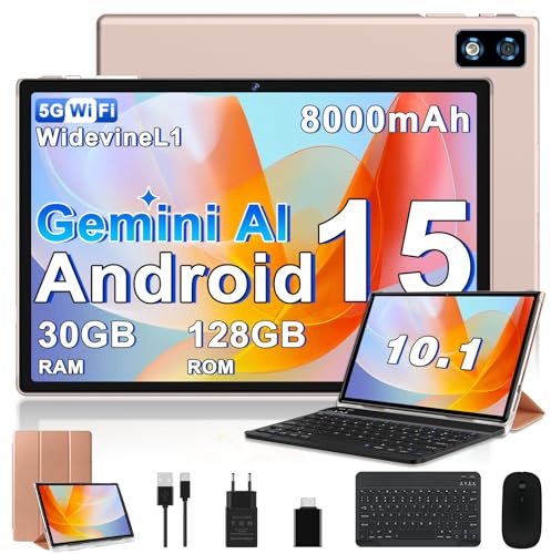 2026 Tablet 10 pollici Android 15 Gemini AI, 30 GB RAM + 128 GB ROM (TF 2TB) | 8000 mAh | octa-core | Widevine L1 | 5 + 8 MP | 1280 * 800 pixel | GMS, GPS, Wi-Fi 6 5G, BT 5.0, Tablet 2-in-1-Oro