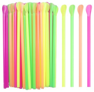 YIPFEN Lot de 100 Pailles Granité avec Cuillère, 6mm x 20cm, Couleurs Fluorescentes, Paille pour Sorbet et Milkshake, Design 2-en-1 Anti-Obstruction