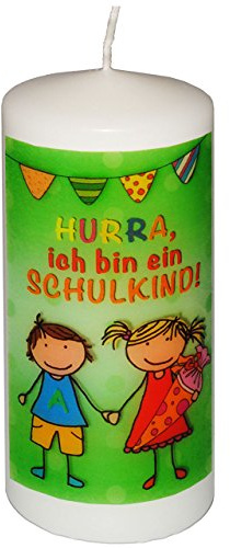 alles-meine.de GmbH 1 Stück Kerze - Hurra, ich Bin EIN Schulkind ! - 11 cm hoch - Tischkerze - Tischdeko/Schuleinführung - Schulanfang/Schulstart - Schulanfänger - ABC ..