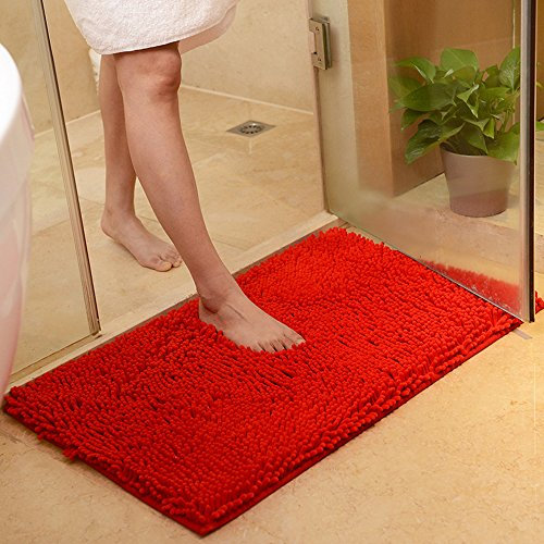 ele ELEOPTION Microfiber Soft Shag Bathroom Mat Rug Kitchen Rug Door Way Feet Mat Anti-slip Strip Absorbent Doormat Bathroom Shower Rugs Shaggy Carpet (Red, 50x80 cm)