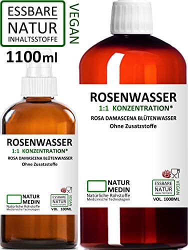 1.100-ml ROSENWASSER GLAS Spray Flasche (100-ml) + PET Braunflasche (1.000-ml) Mehrere Anwendungen 100% Naturrein NATURMEDIN®
