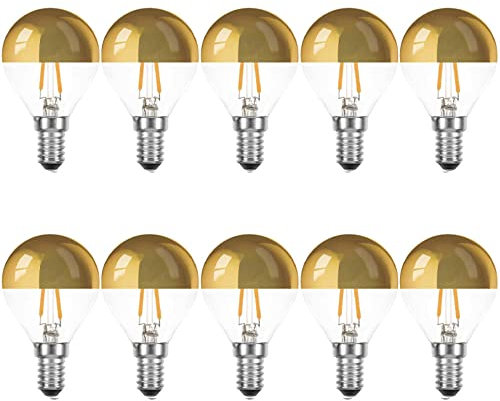 NCC-Licht 10 x LED Filament Tropfen 2 Watt = 25 Watt E14 Kopfspiegel Gold KVG P45 Glühfaden warmweiß 2700K Retrofit