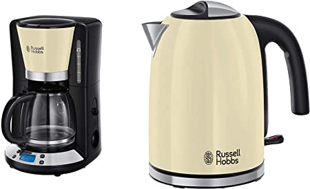 Russell Hobbs Machine à Café, Cafetière Filtre 1,25L Programmable 24h, Affichage Digital, Maintien au Chaud & Bouilloire Familiale 1,7L, Ebullition Rapide, Filtre Anti-Calcaire Amovible Lavable -Crème