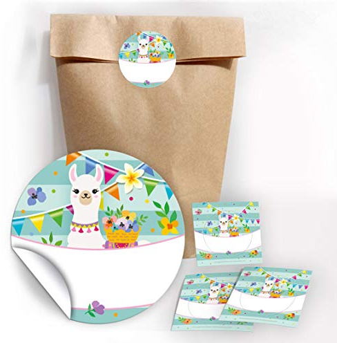 JuNa-Experten 12 Geschenktüten/Natur + 12 Aufkleber Lama für Mitgebsel Gastgeschenk beim Kindergeburtstag Mädchen