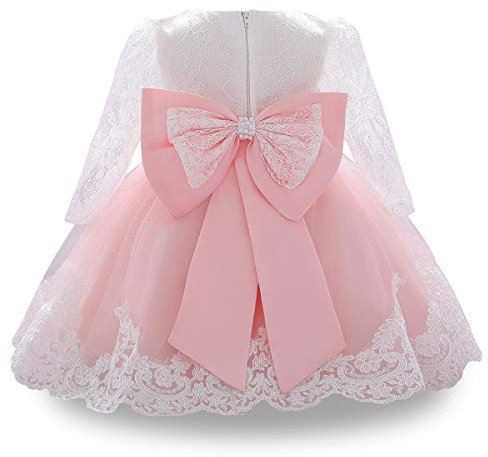 WOCINL Robe tutu à manches longues en dentelle avec nœud papillon pour bébé fille, mariage, anniversaire, concours de beauté, fête, baptême, vieux rose, 9 mois