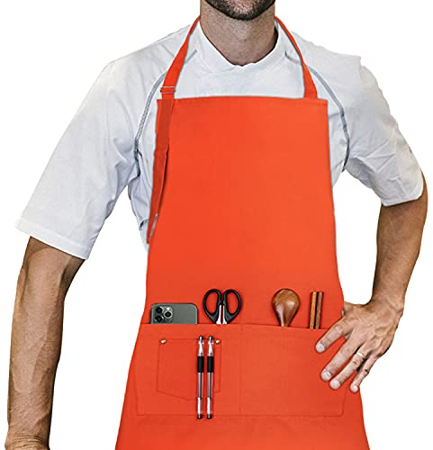 LessMo Schürze, Grillschürze und Kochschürze in Profiqualität mit verstellbarem Nackenriemen Und Mit Zwei Taschen, aus 100% Baumwolle 70 x 85 cm (Orange)