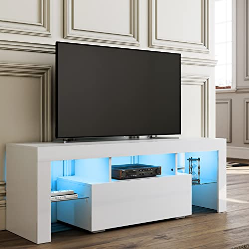 SIRHONA Meuble TV LED Blanc, Banc TV 130x35x45cm, Éclairage LED RGB avec Couleur réglable, Capacité de Charge 30 kg, Convient pour Salon ou Chambre