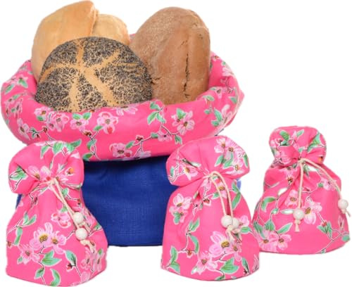 Brotkorbset inklusive 4 passenden Eierwärmern im Design pink-geblümt