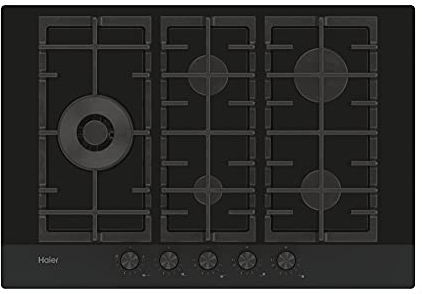 Haier Series 6 HAVG7WL4HB- Placa de Gas, 5 Fuegos, Ancho 75cm, Potencia total 10,9kW, Mandos centrales, 9 niveles de potencia, Rejillas de hierro fundido, Preci Flame, Cristal Negro Biselada