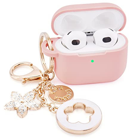 VISOOM Schutzhülle für Airpods 3 – VISOOM Rosa Airpods 3. Hülle 2021 Silikon für iPod 3 Ohrhörer, kabellose Ladehülle mit Zubehör, Mädchen, glitzernd, Schlüsselanhänger für Apple-Ohrstöpsel der 3