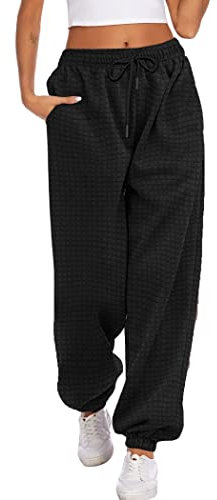 Hotouch Jogginghose Damen Baggy Freizeithose Yogahose Warm Waffle Lang Hosen Kordelzug Lose Sweat Pants Hausehose Sporthose mit Taschen Schwarz M