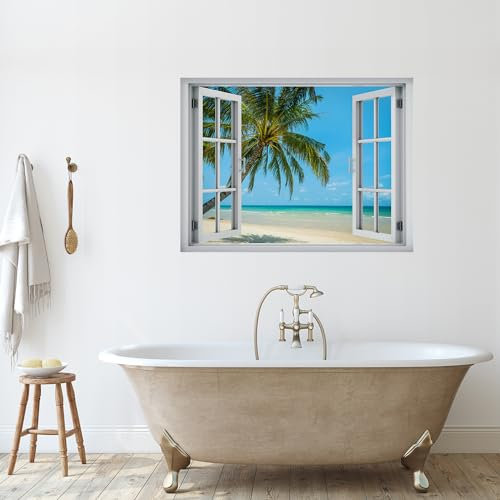 wall26 Sticker mural amovible pour fenêtre Vue tropicale Plage Palmier Île Paradis Nature Nature Paysage Réalisme Multicolore pour salon, chambre à coucher, bureau – 61 x 81,3 cm