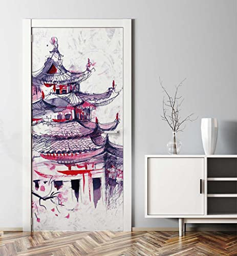 MyMaxxi - Tür bekleben mit Türtapete Türposter Türfolie Selbstklebend 90x200 Asiatischer Tempel gemalt mit Wasserfarben - Tür verschönern Türaufkleber Türklebefolie Blume Strauch Blatt weiß rosa