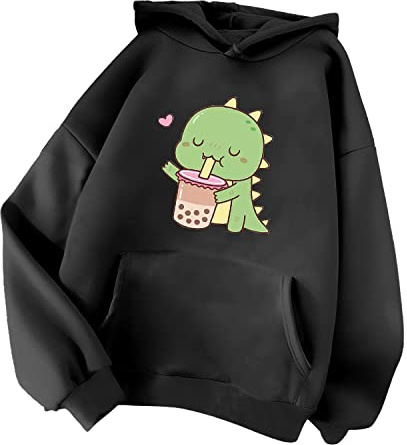 Minetom Damen Kapuzenpullover Langarm Hoodie Kawaii Dinosaurier Hoodies Pulli Teenager Mädchen Mode Casual Sweatshirt Herbst Winter Warme Oberteile mit Kapuze Kordel und Taschen A Schwarz XL