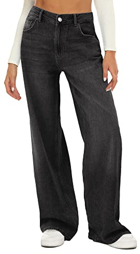 HDLTE Damen-Jeans mit weitem Bein, hohe Taille, Baggy-Jeans, lockere Boyfriends-Jeans, Denim-Hose, Y2K-Stil, Dunkel_Grau, S