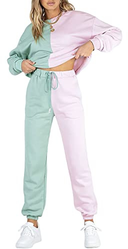Viatabuna Tuta da donna in pile a 2 pezzi, a maniche lunghe, girocollo, felpa con coulisse, pantaloni da jogging, E# Viola, Medium