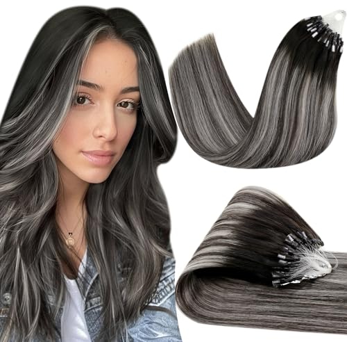 Hetto Microring Extensions Echthaar 55 cm Schwarz Extensions Echthaar Microring Balayage Schwarz to Silver Invisible Micro Loop Remy Haarverlangerung 50 stück 50g #1b/s/1b