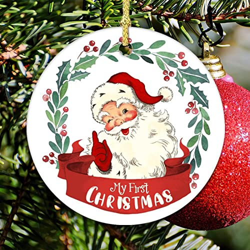My First Christmas Xmas Ornament Runder Weihnachtsbaum Ornament Weihnachtsmann Keramik Einzigartige Weihnachtskugel für Weihnachtsbaumschmuck