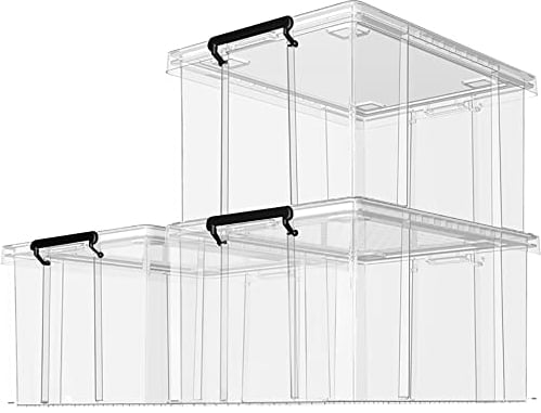 Cetomo 80L*3 Storage Boxes, Stackable Storage Box with Lids, Heavy-Duty Lidded Container with Reinforced Corners, Vertical Sides and Clip Closure, Durable, Plastic, Clear, 80L-3Pack