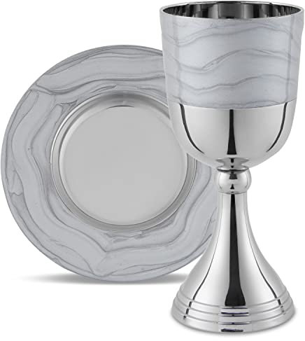 Luxurious Polished Nickel Plated With Silver Enamel Kiddush Cup Set in a Gift Box - Elegant 5.75 Wine Cup Goblet And Matching Tray - Stunning Shabbat, Yom Tov, Passover Seder Décor By Zion Judaica