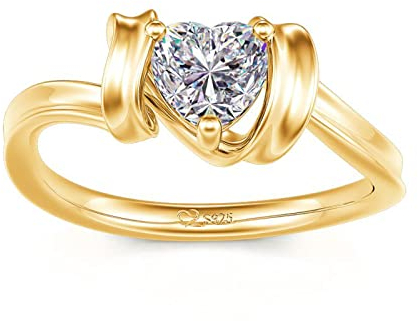Jeulia Solitär-Silberring mit Herzschliff: Gelbgoldplattierter Verlobungsring mit Zirkonia aus Platin, Jubiläumsversprechen, Brautset, Valentinstagsschmuckgeschenk mit Box (Gelbes Gold, 59(19))
