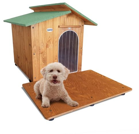 ORIGINAL LEGNO Hundehütten Hundehaus Hundehöhle mit Terrasse Aus Massiv Holz Echtholz Geshenk THERMOVORHANG Made in Italy Mod. Alpi B - Pudel 60x95xH62