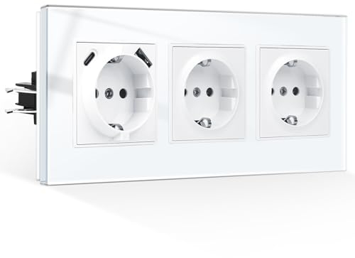 CNBINGO Dreifachsteckdose mit USB Anschluss, 1× (USB-A und Typ-C Port Max.2,1 Amp total), Unterputz Steckdose mit Krallen, Schuko Steckdose mit Glasrahmen in Weiß, 3-Fach
