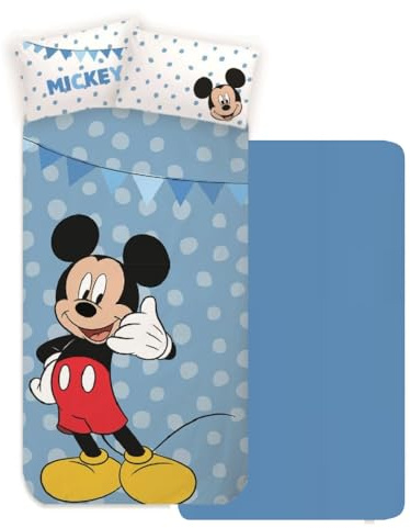 CARTOON Kinder-Bettwäsche-Set, 3-teilig, Spannbetttuch, Bettlaken, Kissenbezug, Einzelbett, 100 % Baumwolle (Micky)