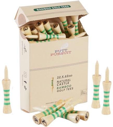Putt Pursuit 6cm/ 60mm Castle Bamboo Golf Tees - Biodegradable & Sustainable Golf Tees Bamboo Material - Golf Accessories - Golf Tees Wooden - 30 Non Plastic Golf Tees - Natural Colour Tee