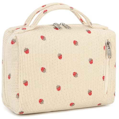 Kulturbeutel Damen Kosmetiktasche Waschtasche Größe Kulturtasche Organizer für Herren und Frauen Make-up Taschen Geschenke (Cord Erdbeere)