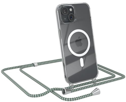 EAZY CASE - Handykette kompatibel mit iPhone 15 Kette zum Umhängen Stoßfest Handyhülle für iPhone 15 Silikon Hülle mit Band Transparent als Fallschutz in Hellgrün Camouflage - Clips Silber