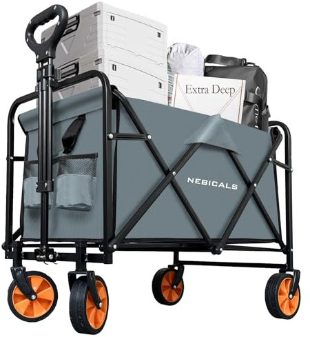 NEBICALS Heavy Duty Collapsible Wagon Cart with Wheels Foldable, Outdoor Utility Wagon,Large Capacity, 280 lbs Load, Grey