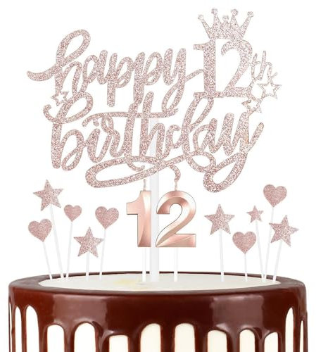 mciskin Girls 12th Happy Birthday Candles Cake Toppers, Number 12 Candle for Cake, Rose Gold Candles for Women Birthday Decorations, Heart Star Cake Toppers for 12th Birthday Party Wedding Anniversary