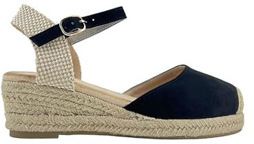 MODELISA - Sandalia Tacon Cuña Alpargata Esparto Hebilla Pulsera Tobillo Primavera Verano Mujer (Negro, 38)