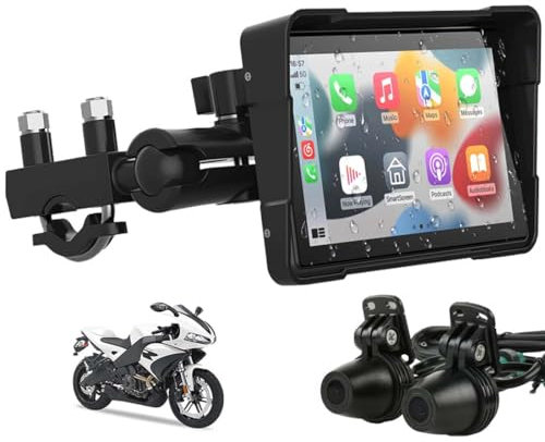 Portable Wireless Carplay & Android Auto Screen for Motorcycle with Front&Rear Camera, 5 inch TouchScreen Monitor IP66 Waterproof Car Stereo for GPS Navigation with Dual Bluetooth for Motorbike