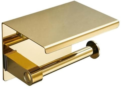 Toilet Paper Holder with Phone Shelf, Wall Mount Toilet Tissue Roll Holder, Rustproof and Bathroom Washroom Tissue Roll Holder with Shelf(Gold)